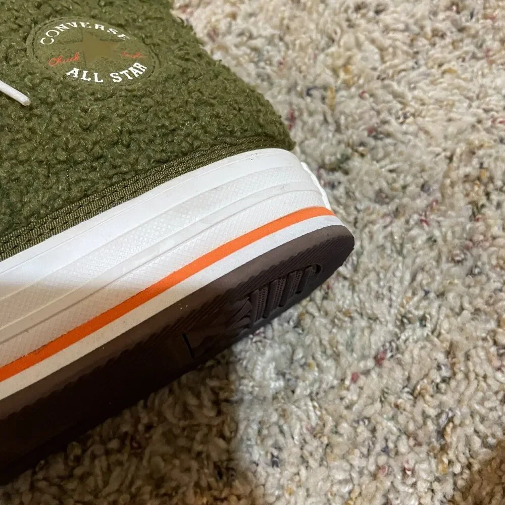 Converse Y4.5/W6.5 Sherpa EVA Platform High Top Sneakers Dark Moss Bold Mandarin